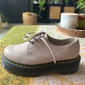 Dr. Martens Platform Oxford in Light Beige with Black Sole and Yellow Stitching
